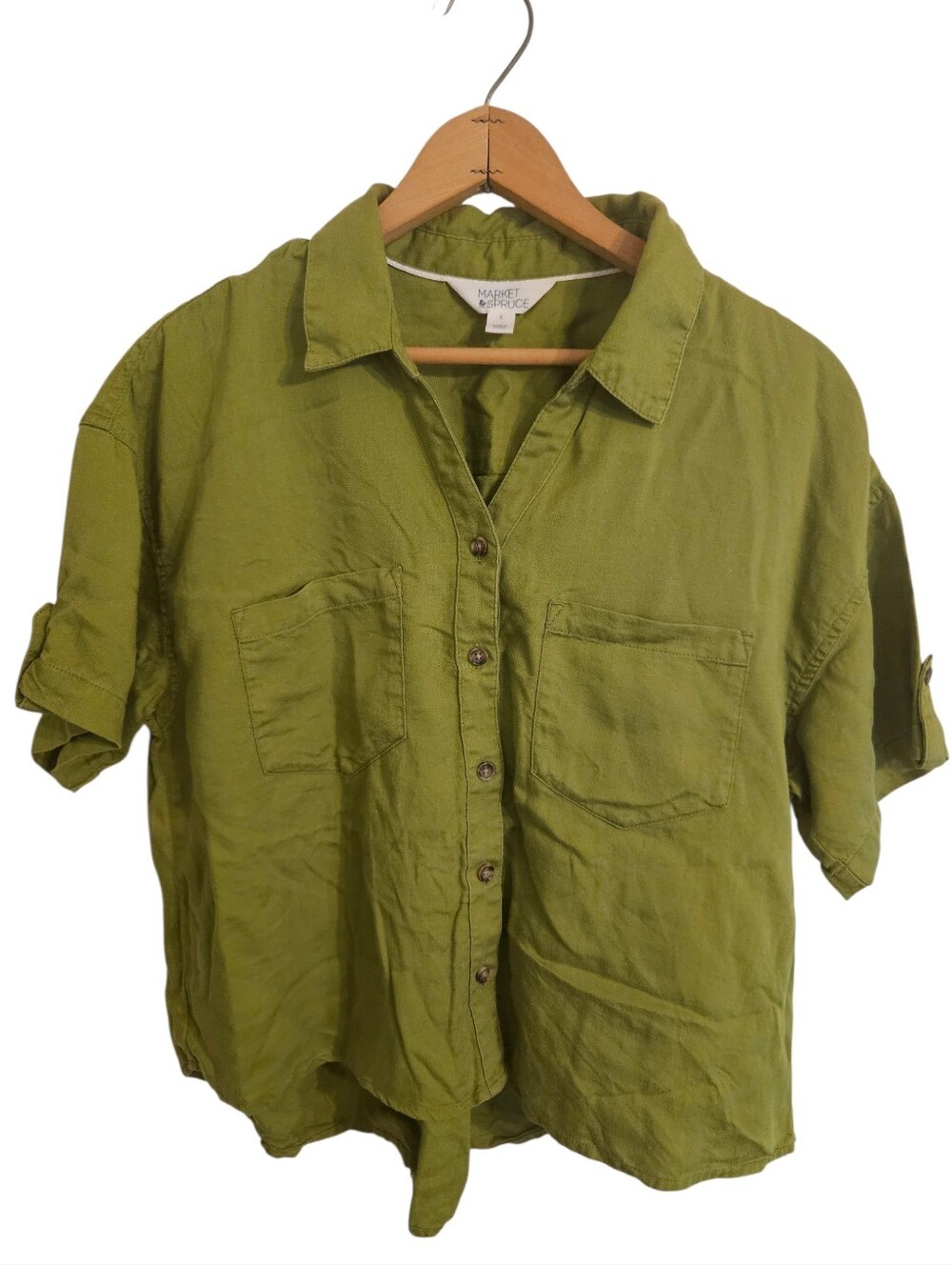 Market & Spruce Olive Green Cropped Button Up Linen Lyoc Short Sleeve Shirt Sz L